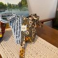 Boho patchwork tote bag featuring denim, leopard print canvas and fringe details - Light Blue Fringe Patchwork Bag