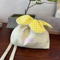 Quilted cream tote bag with lavender bear print and large yellow gingham bow detail - Yellow Cat & Bowknot Flower Bag