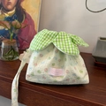 Cream crossbody bag with pink apple patterns and green checkered leaf-shaped drawstring - Green Apple & Bowknot Flower Bag