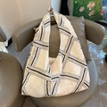 Minimalist large linen tote bag with geometric rope pattern for summer commuting - Beige and Black Rope Pattern (AO)