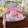 Pink striped drawstring pouch with cute cartoon patterns and flower petal top - Pink Striped Westie Flower Bag