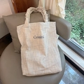 Borsa a tracolla in tela a quadretti blu e bianchi con ricamo Coisini e manici a ruches - Beige a Quadri