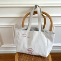 Herringbone canvas tote bag with red dog embroidery and Hello Little Dog slogan - Hello Puppy Reversible Tote Bag (Wide Strap)
