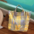 Minimalist canvas tote bag with yellow and purple checkered pattern on a wooden bench - Yellow & Purple Plaid Color Contrast Dual-Use Handbag