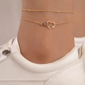 Double-layered gold anklet featuring a multi-color rhinestone infinity and heart charm - Double Layer Heart & Infinity Multi-color Stones (24596-gold)