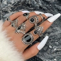 Ensemble de 7 bagues bohèmes rétro en argent antique avec pierres noires sur les doigts - Style Ethnique Bohème 7 Pièces (21182-silver)