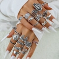 Gothic silver alloy ring set featuring skull, bat, and spider motifs with red gems - 20-Piece Coffin Skull Poker Style (30811-ring-S)