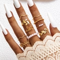 Detail of nine-piece bohemian gold-plated alloy rings with faux pearls and butterfly design - Gold Style (22663)