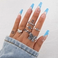 Vintage silver alloy ring set featuring butterfly bee and snake designs on model hand - Antique Silver (22871-silver)