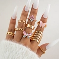 Golden ring set for women with pink butterfly and heart patterns on models hand - Butterfly Heart Style (22818-gold)