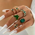 6-piece gold-tone ring set featuring green emerald-like stones and butterfly design - Gold Emerald Green Gemstone 6-Piece Set (23646-green)