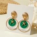 Pendientes de concha y estrella de mar dorados con discos verdes y decoración de verano - Estilo Verde Estrella de mar Círculo Concha