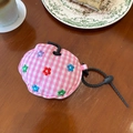 Pink checkered earphone pouch with colorful flower embroidery on a wooden table - Pink Plaid Colorful Flower Earphone Bag