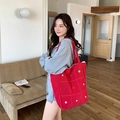 Retro red corduroy tote bag with colorful buttons and large capacity shoulder design - Red