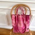 Pink and orange checkered canvas tote bag with wide handles and round patch detail - Pink & Orange Plaid Color Contrast Dual-Use Handbag