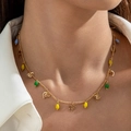 Detail of gold clavicle chain featuring colorful beads and hollow heart pendant - Hollow Heart Multicolor Bead Style (27830-nek-G-4)