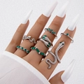 7-piece silver vintage ring set featuring green snake and bohemian geometric designs - Green Gemstone Silver Set (22493-S)
