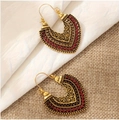 Bohemian vintage hollow gold drop earrings with bright vermilion red bead trim - Gold Heart Hollow With Vermilion Beads (5886-ear-red-EP)