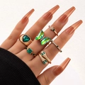 6pcs gold snake heart rings set with green faux gemstones and butterfly detail - Large Butterfly Heart Green Set (22380-ring-G)