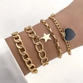 Four-piece gold bracelet set featuring chunky curb chains, star pendant, and black heart charm - Gold 4Pcs Set Star Black Heart Charms (23012-gold)