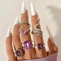 6-piece silver ring set featuring purple gemstones and stylish snake-shaped design - Silver And Purple Gemstone Vintage Assortment (26207-silver)