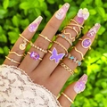 13er Set goldene Ringe mit lila Schmetterling, Herzmotiven und Edelsteinen an der Hand - 15-Teiliges Goldenes Schmetterling Lila Edelstein Design (26644-gold)