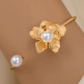 Elegant gold-tone open bangle bracelet with 3D flower petals and white pearls for women - Stereo Petal Artificial Pearl Style (23533-gold)