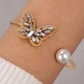 Elegant gold open bangle featuring a zircon butterfly and a large pearl accessory - Hollow Butterfly Artificial Pearl Style (23505-gold)