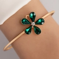 Gold open bangle with green crystal flower petals and pearl accent on wrist - Dark Green Five-Petal Flower Style (23641-green)