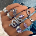 Silver-tone multi-piece ring set with purple gemstones and butterfly snake charms - Silver Purple Gemstone 9-Piece Set (22812-silver)