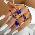 Golden ring set with deep blue gemstones in butterfly and geometric shapes for women - Gold Deep Blue Gemstone 6-Piece Set (23646-blue)