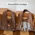 Borsa tote reversibile con motivo scozzese marrone e stampa artistica di elefante - Borsa Reversibile Elefante a Quadri Marrone