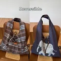 Borsa tote reversibile con motivo scozzese arancione e tessuto blu con stampa elefante - Borsa Reversibile Elefante a Quadri Blu Caffè