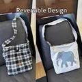 Reversible canvas tote bag featuring black plaid and blue elephant print design - Black and White Plaid Elephant Woolen Crossbody Bag