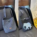Dual-sided plaid and elephant print tote bag for daily commute and casual use - Blue and Gray Plaid Elephant Woolen Crossbody Bag