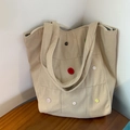Beige corduroy shoulder bag featuring colorful vintage buttons and large capacity - Beige