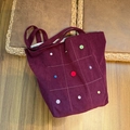 Retro burgundy corduroy tote bag with colorful button grid pattern on wooden floor - Dark Purple