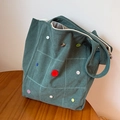 Dark green corduroy tote bag with colorful buttons and zipper closure for women - Green