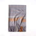 Thick grey plaid scarf with orange and white grid lines and fringe tassels for women - Light Gray