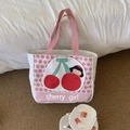 Detail van de geïsoleerde witte canvas lunchtas met kersenprint en roze handgrepen - Kers Meisje Geïsoleerde Lunchtas