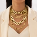 Detail of layered gold chunky aluminum Cuban links and geometric chain necklace - Gold Five Layer Layered Cuban Link Chain Style (28322-gold)