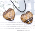 Silver tree of life wire wrapped heart shaped tiger eye stone pendant necklace - Tiger's Eye