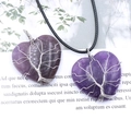 Silver tree of life wire wrapped amethyst heart pendant with black cord necklace - Amethyst
