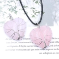 Pink heart crystal tree of life pendant with silver wire wrap and black cord - Rose Quartz