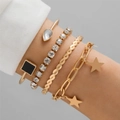 Golden bracelet set featuring geometric rhinestones and star pendants on woman wrist - Gold 4Pcs Set Rhinestone Black Square Star (24447-A)