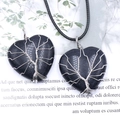 Blue Goldstone heart pendant with silver wire-wrapped Tree of Life design on black cord - Blue Goldstone (Synthetic)