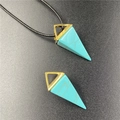 Triangle turquoise stone pendant with gold clasp on black rope cord necklace - Blue Turquoise (Synthetic)