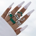 Set di cinque anelli d'argento con serpente e cuore con cristalli verde smeraldo - Stile Cuore di Serpente con Gemma Verde (19656-silveren green)
