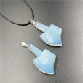 Set of two light blue axe-shaped opalite pendants with a black leather necklace cord - Synthetic Opal