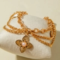 Three-layer gold chain anklet featuring a butterfly pendant and soft pink pearl accent - Gold Pink Pearl Butterfly Style (31704-ank-G-EP)